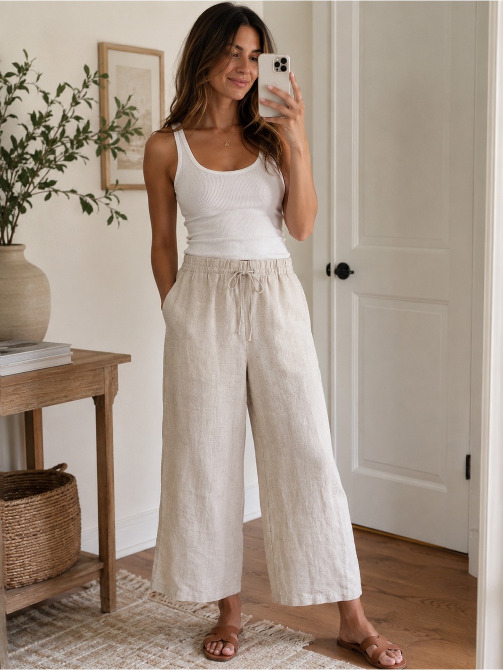 H&M Linen Blend Wide Leg Pants Women’s Medium Beige Drawstring Elastic Waist